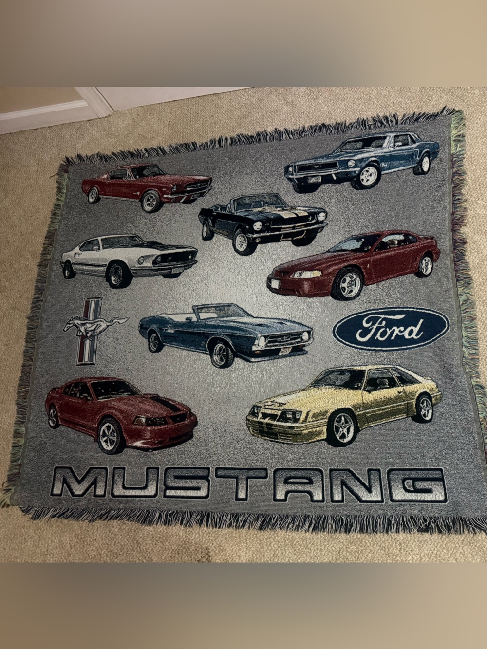 Ford Grey Throw with Multi-Colored Mustang Cars